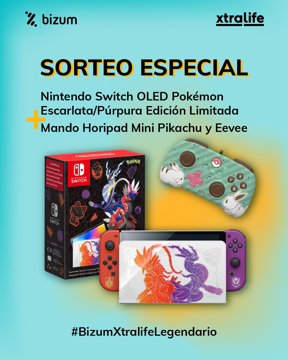 🚨SORTEO ESPECIAL CON @Bizum_ES 

Llévate una NINTENDO SWITCH OLED Pokémon Escarlata/Púrpura Edición Limitada + MANDO HORIPAD Mini Pikachu y Eevee.

Sigue a @bizum_ES y @xtralife_es, haz RT y comenta con #BizumXtralifePokemon por qué quieres este pack legendario 🎁 