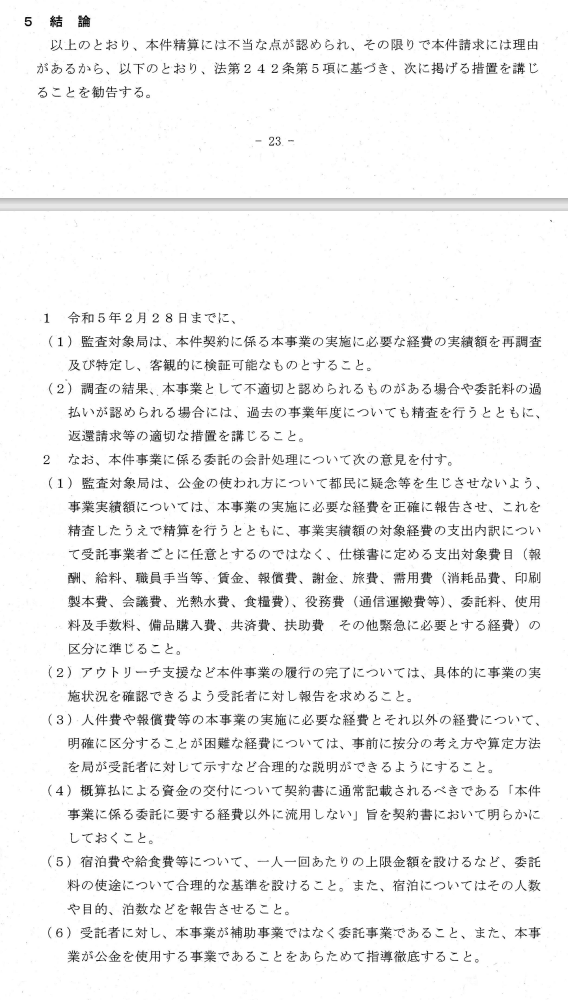 Colaboの不正会計疑惑について行った住民監査請求の結果全文です
ざっくりまとめ　
２月２８日までに
・遡って調べろ、不正があったら返金とかさせろ
・区分守らせろ
・こんなクソ報告書で通すな
・按分しろ
・他に流用すんな
・宿泊、給食費に上限つけろ
・ちゃんと指導しろ 