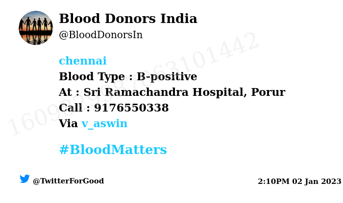 #Chennai
Need #Blood Type :  B-positive
Blood Component : Blood
Number of Units : 2
Primary Number : 9176550338
Illness : Open heart surgery
Via: @v_aswin
#BloodMatters
Powered by Twitter 