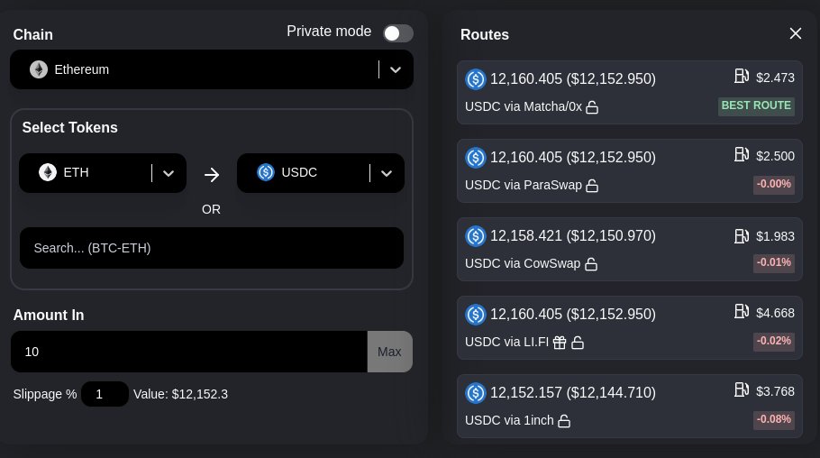 We're launching our meta DEX aggregator!

- Get the best price from 8 different aggregators, including 1inch, matcha, paraswap, cowswap...
- Quotes and gas costs are independently verified by us
- Private mode to avoid leaking your IP
- Approval control
- Available in 22 chains 