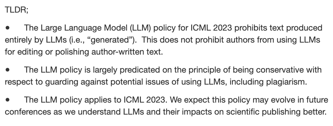 Clarification concerning Large Language Models in the Ethics Policy in the #ICML2023 Call for Papers: 
https://t.co/GpapPPCf4l 