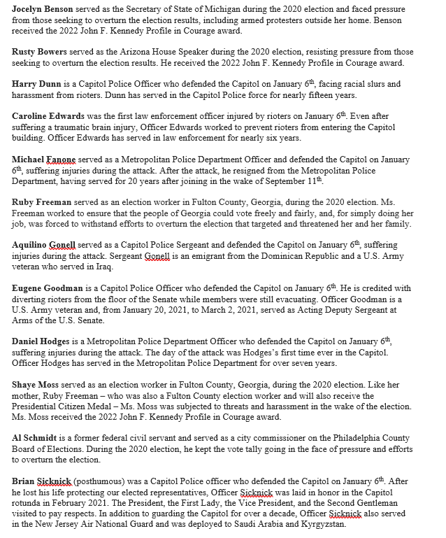 JUST IN: @POTUS Biden to award the Presidential Citizens Medal on Friday to the following individuals during an event marking the 2nd anniversary of the #January6thInsurrection 