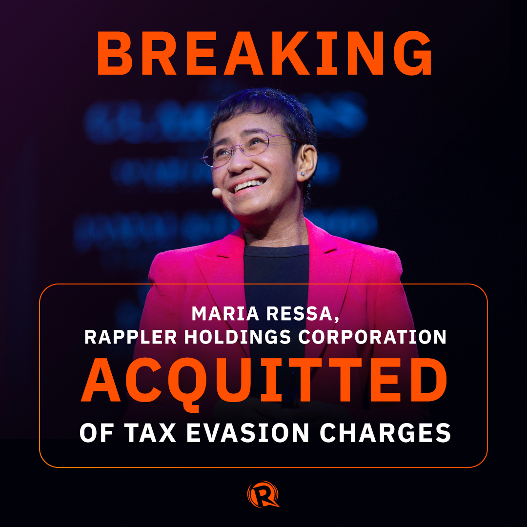 BREAKING. The First Division of the Philippine Court of Tax Appeals acquitted Nobel Laureate Maria Ressa and Rappler Holdings Corporation of the tax evasion charges filed by the Duterte government. Story to follow https://t.co/m73rSIMtXR 