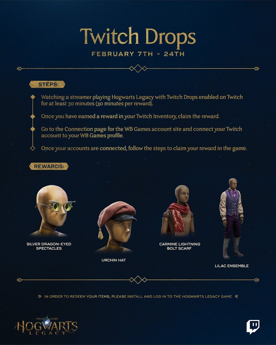 You want to start @HogwartsLegacy in style with the Lilac Ensemble? Make sure to claim all your Twitch Drop rewards not only on Twitch, but also on our Twitch Drop and FAQ page right here: https://t.co/EVeaprrOw9 