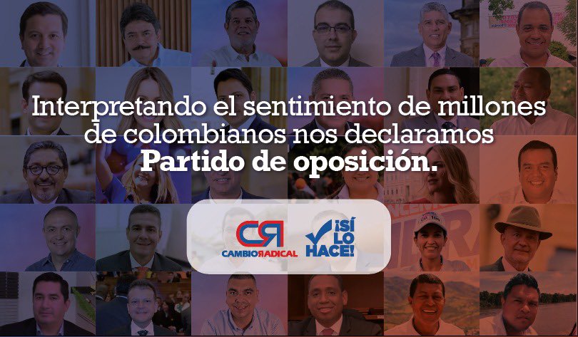 Celebro que Cambio Radical hoy hubiese tomado la decisión de ser partido de oposición.

Cambio Radical #SíLoHace ☑️ 
