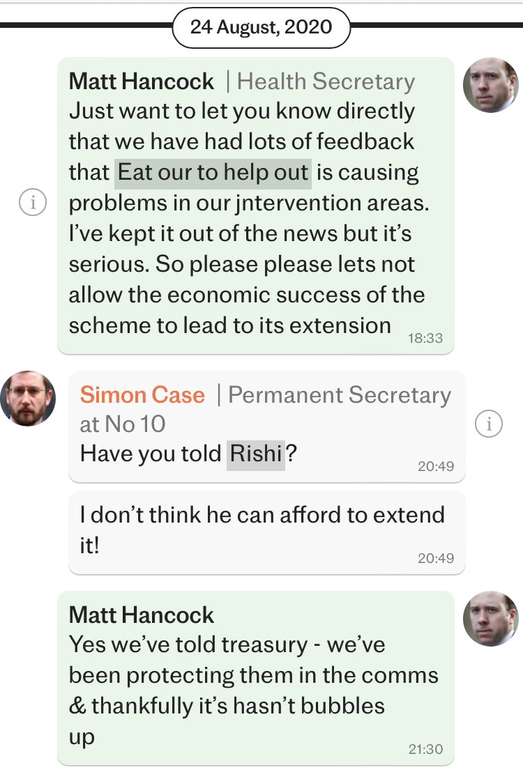 Matt Hancock admits in this message to Simon Case that he helped cover up rising cases in key areas during Eat Out to Help Out. Strikes me as potentially the biggest revelation yet… 