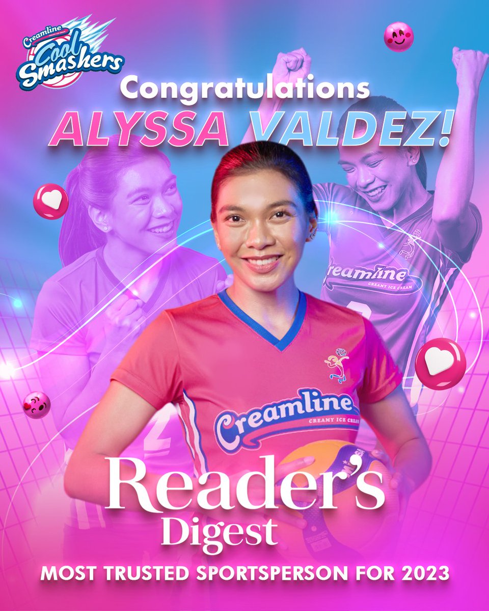 Congratulations to our Phenom @AlyssaValdez2 for being awarded as Reader's Digest 2023 Most Trusted Sports Personality. 

You truly bring the good vibes on and off the court! Your Creamline Family is so proud of you! 🍦💖

Mga Ka-Vibes, send your good vibes message to our Phenom! 