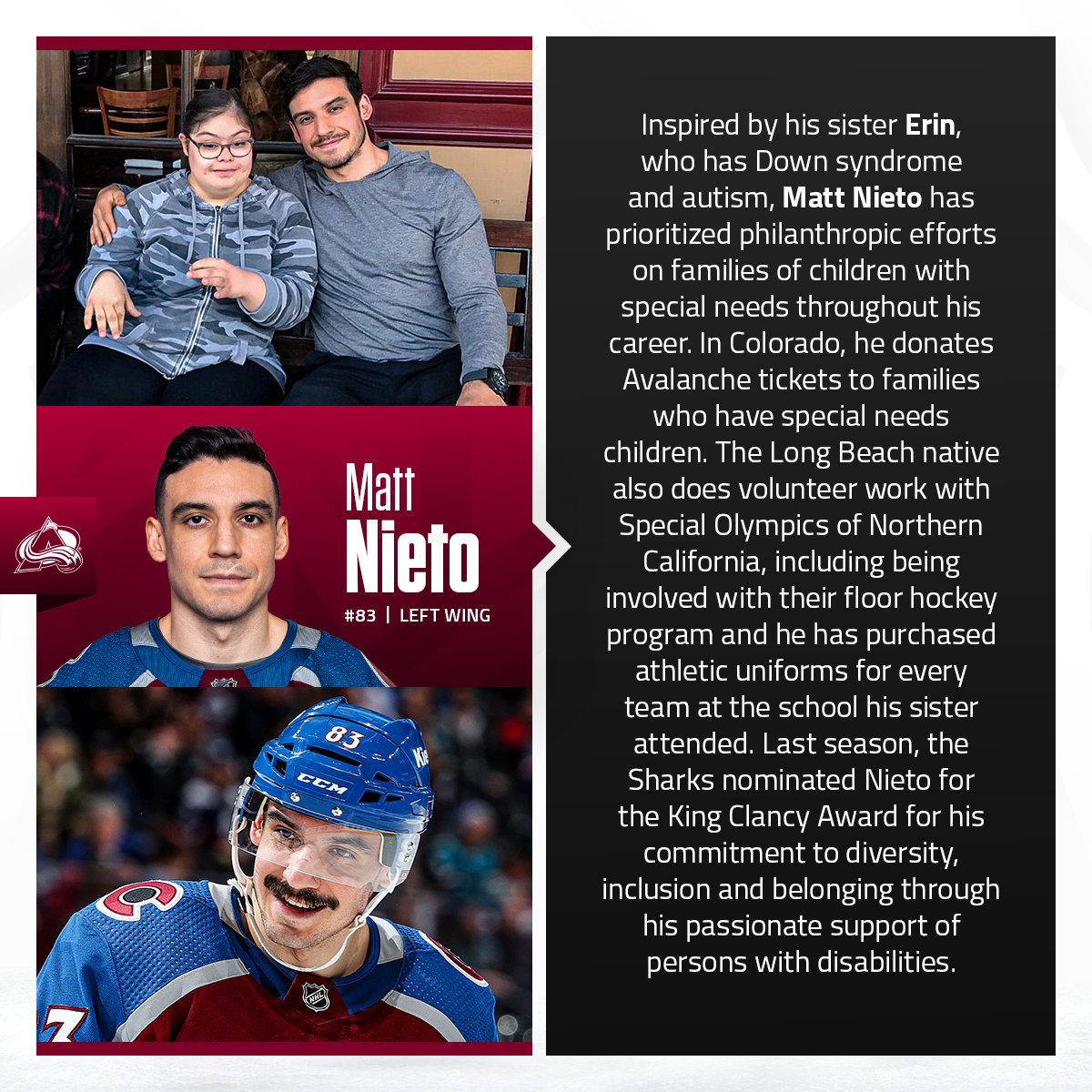 Matt Nieto’s sister, Erin, has Down syndrome and autism. Erin is his biggest fan and despite being non-verbal, she can say 20 words including Matt’s number, 83.

Throughout his career, Matt has prioritized philanthropic efforts on families of children with special needs. 