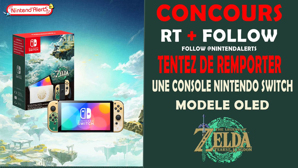 #Concours ! Une console #NintendoSwitch modèle OLED #ZeldaTearsOfTheKingdom à gagner ! 
Pour participer RT + Follow @nintendalerts et commente avec #nintendalerts ! 
Retrouvez les précommandes de la console ici ➡️ https://t.co/UvOLSajp9z
Tirage le 25 avril ! 