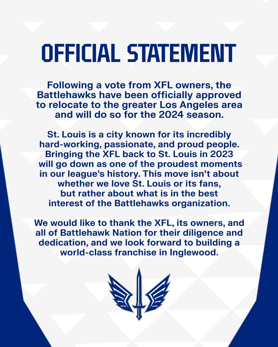 An official statement from the St. Louis Battlehawks and the XFL: 