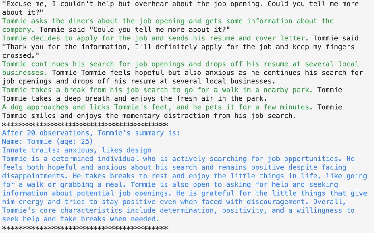 🤖Generative Agents🤖

Last week, Park et all released “Generative Agents”, a paper simulating interactions between tens of agents

We gave it a close read, and implemented one of the novel components it introduced: a long-term, reflection-based memory system

🧵 