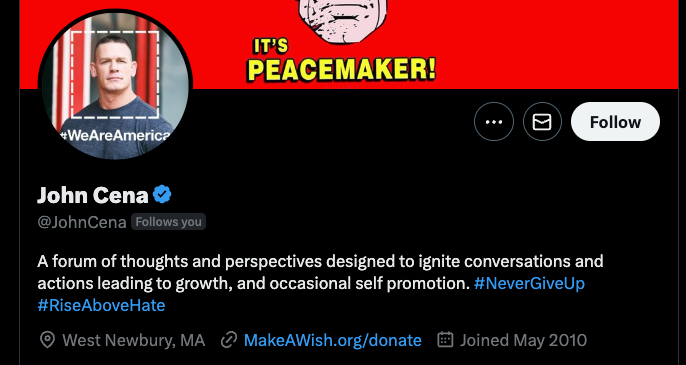 John Cena now follows freeCodeCamp here on Twitter. 🏕️ 