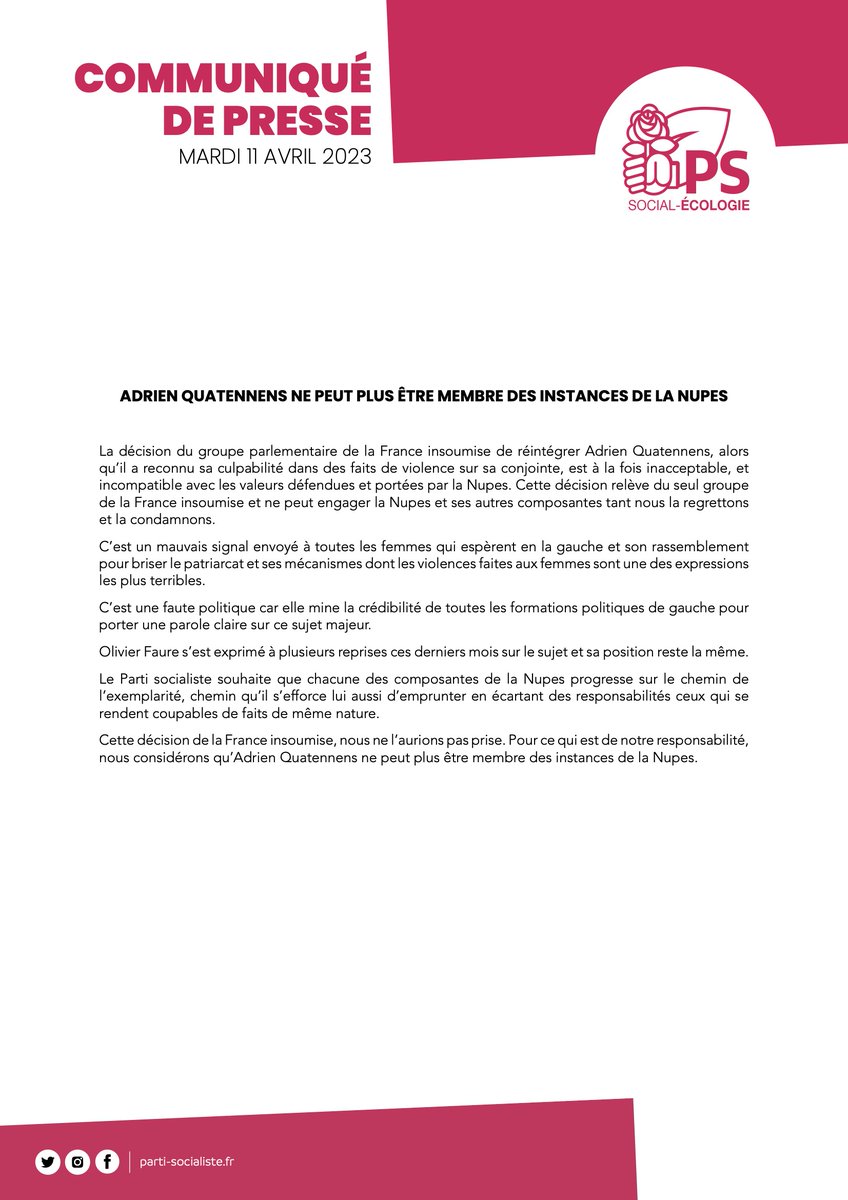 🔴 La décision du groupe LFI de réintégrer Adrien Quatennens est inacceptable et incompatible avec les valeurs défendues et portées par la gauche.

Le Parti socialiste considère qu'il ne peut plus être membre des instances de la #NUPES.

➡️ https://t.co/vXOf9864La 