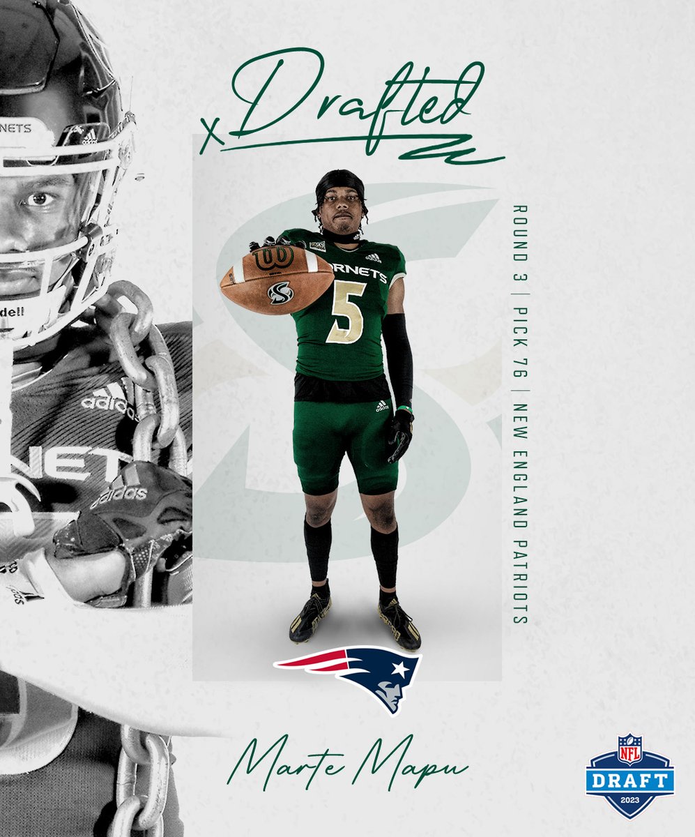 With the 13th pick of the third round (76th overall) the New England Patriots select Marte Mapu!! #StingersUp #HornetsInThePros #BigSkyFB 
