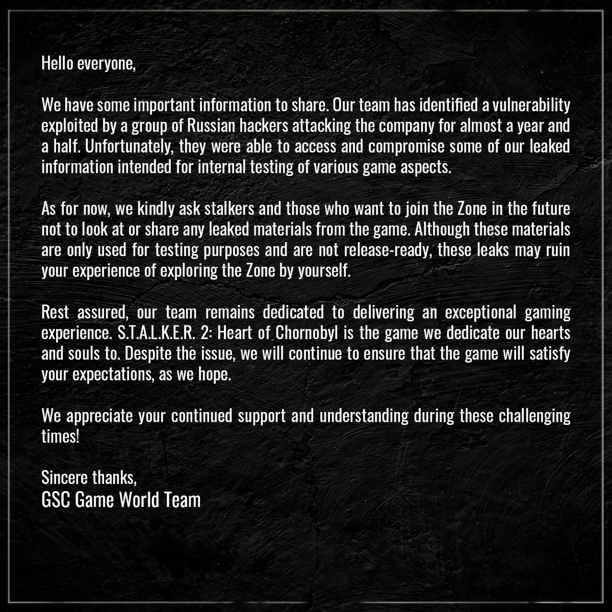 A message from GSC Game World team 