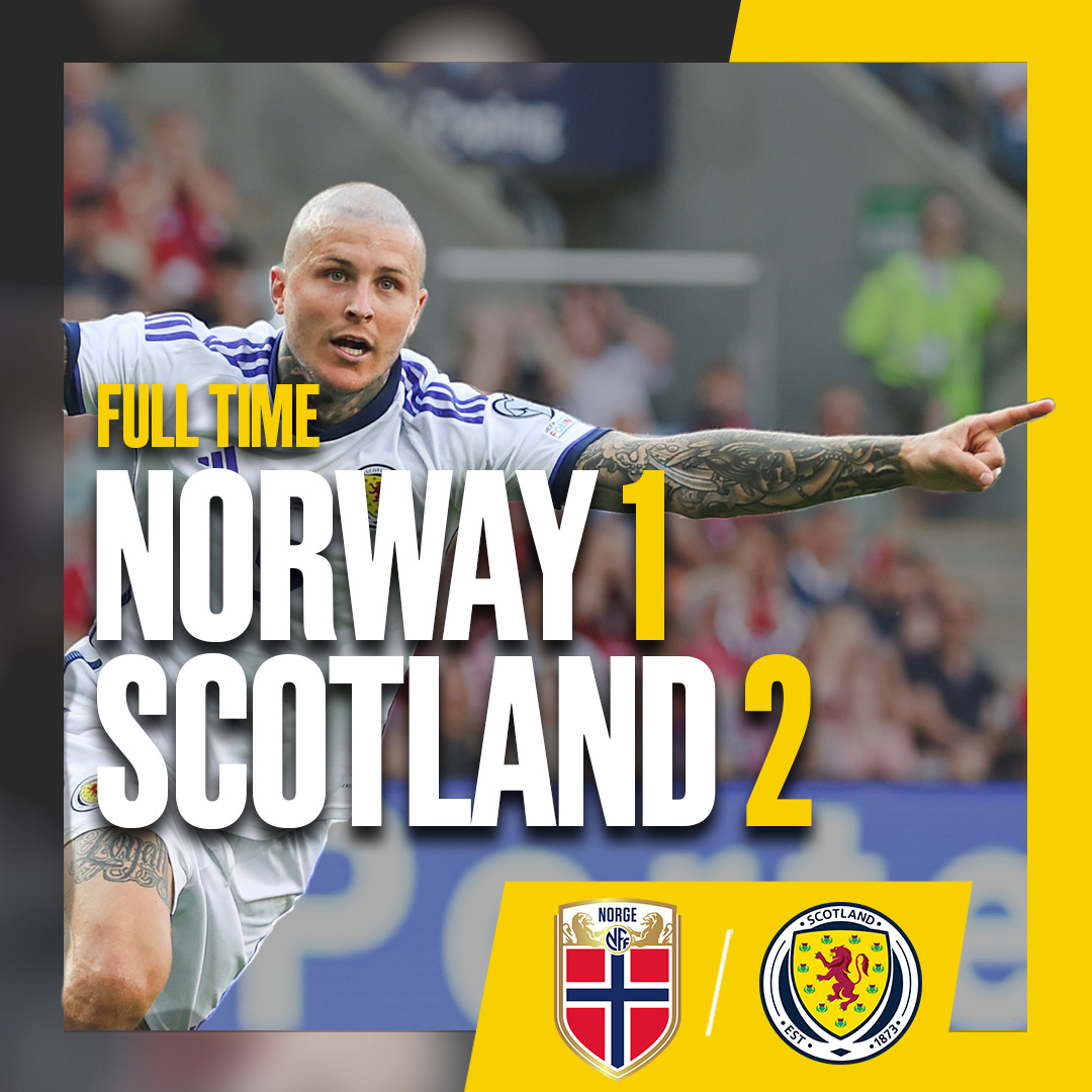 FULL TIME: Norway 1-2 Scotland.

Scenes at the end! Two late goals from Lyndon Dykes and Kenny McLean seal the three points in Oslo 🙌

#NORSCO 