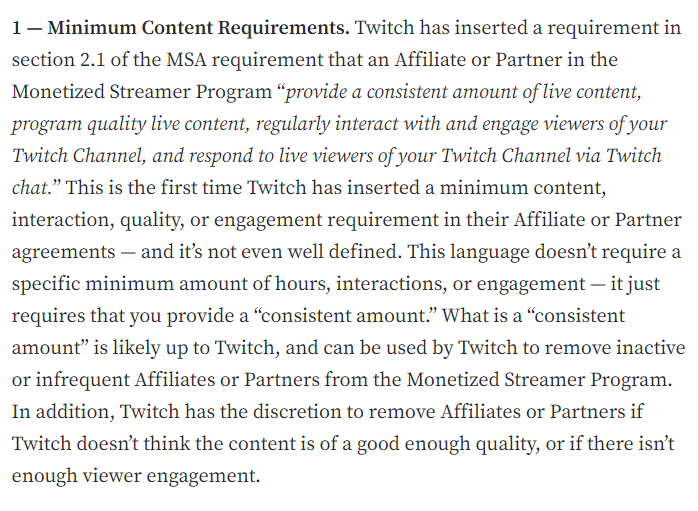 Twitch said "yo fuck casual small affiliate streamers tbh"

This article is well worth the read if you currently make any amount of money from Twitch streaming and don't understand the changes to the Twitch Monetized Streamer Agreement. 