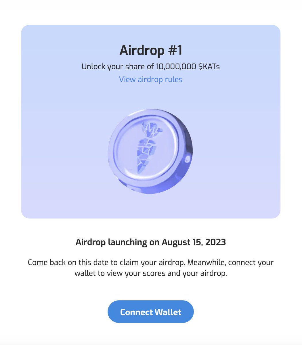 The $KAT airdrop page is now live! 

Please visit the following link to check the amount of tokens you will receive in the first batch of airdrops (Total supply released this time will be 10,000,000 tokens): https://t.co/TRhBsjBrIg

We understand that many of you may have 