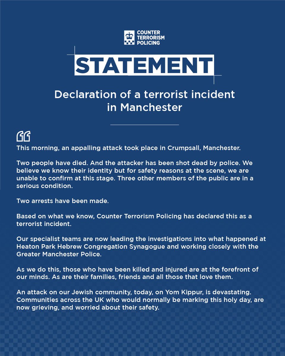 A statement from Head of Counter Terrorism Policing Laurence Taylor on the declaration of a terrorist incident in Manchester. 