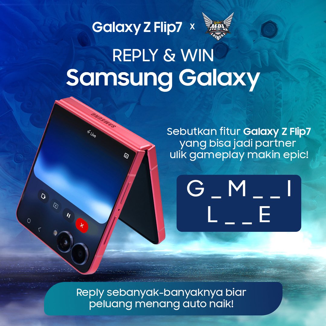 DAPETIN SAMSUNG GALAXY GRATIS DENGAN MUDAH! 🥳💙

Ayo REPLY jawabanmu sebanyak-banyaknya dan sertakan hashtag #GalaxyZFlip7 #GalaxyxMPLIDS16 #GalaxyZFlip7xMPLIDS16 #ExploreGalaxyWay

🗓️Periode: 5 - 5 November 2025. REPLY sekarang! 👇 