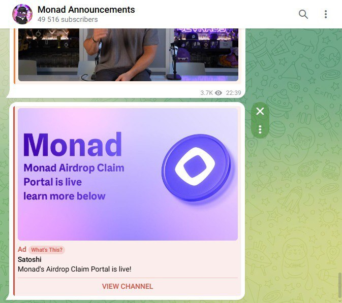 Telegram sells ads targeted at a single public channel. Scammers have purchased ads on the Monad Announcements telegram channel.

Crazy that telegram will push content directly into a channel that otherwise only contains content from one party. We are working on getting this 