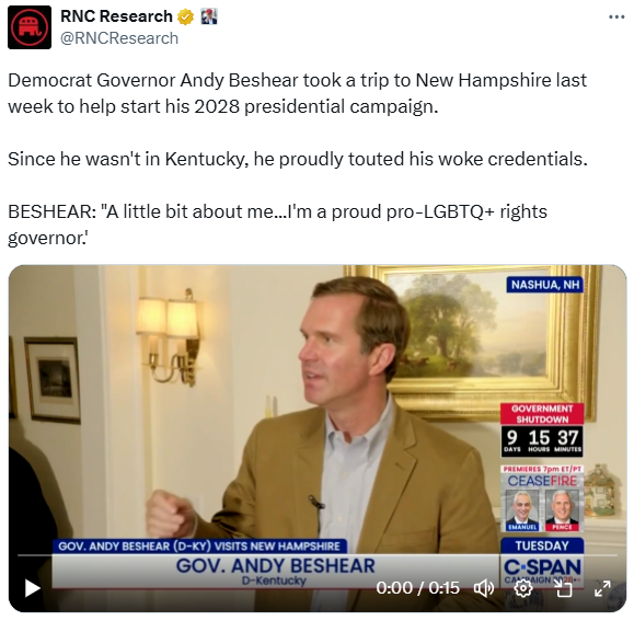 A little bit about me, my values don’t change based on who I’m talking to. I’m a proud pro-LGBTQ+ rights Governor who vetoed anti-trans legislation in an election year and still beat Trump’s hand-picked candidate. 