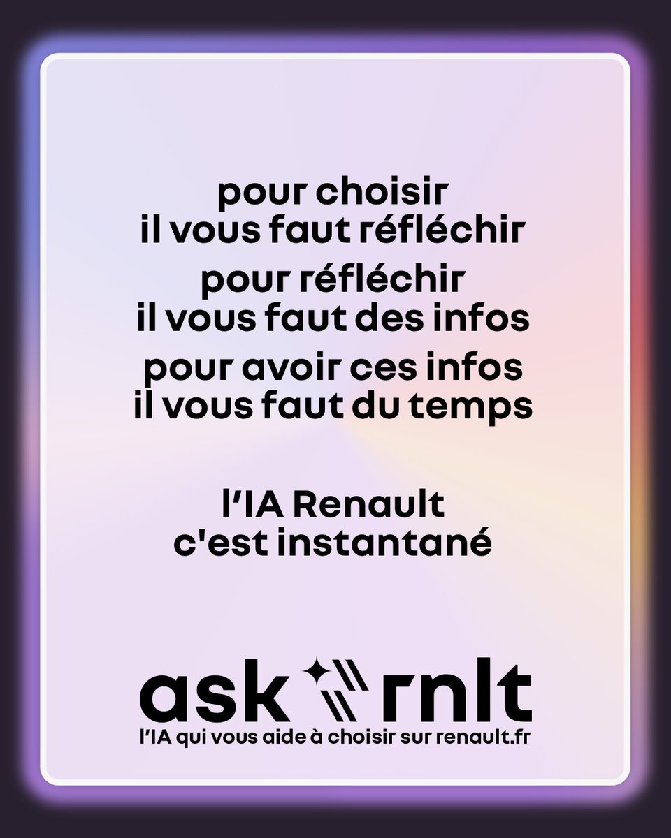 découvrez notre IA : #askrnlt , sur https://t.co/bczaVL64zi et posez-lui toutes vos questions pour choisir votre Renault

disponible sur les pages Renault 4, Renault 5, Nouvelle Clio et Twingo et bientôt sur d’autres modèles 