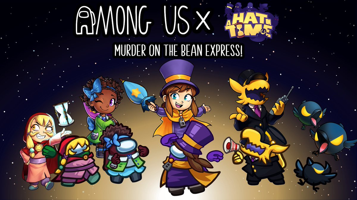 A Hat in Time is in @AmongUsGame!!  🚀

Check out their in-game store now to get the Indie Cosmicube and show off our new bean look.

So cool to be part of this with a bunch of other fellow indies. Can't wait to see you represent us as the Impostor.  😈 