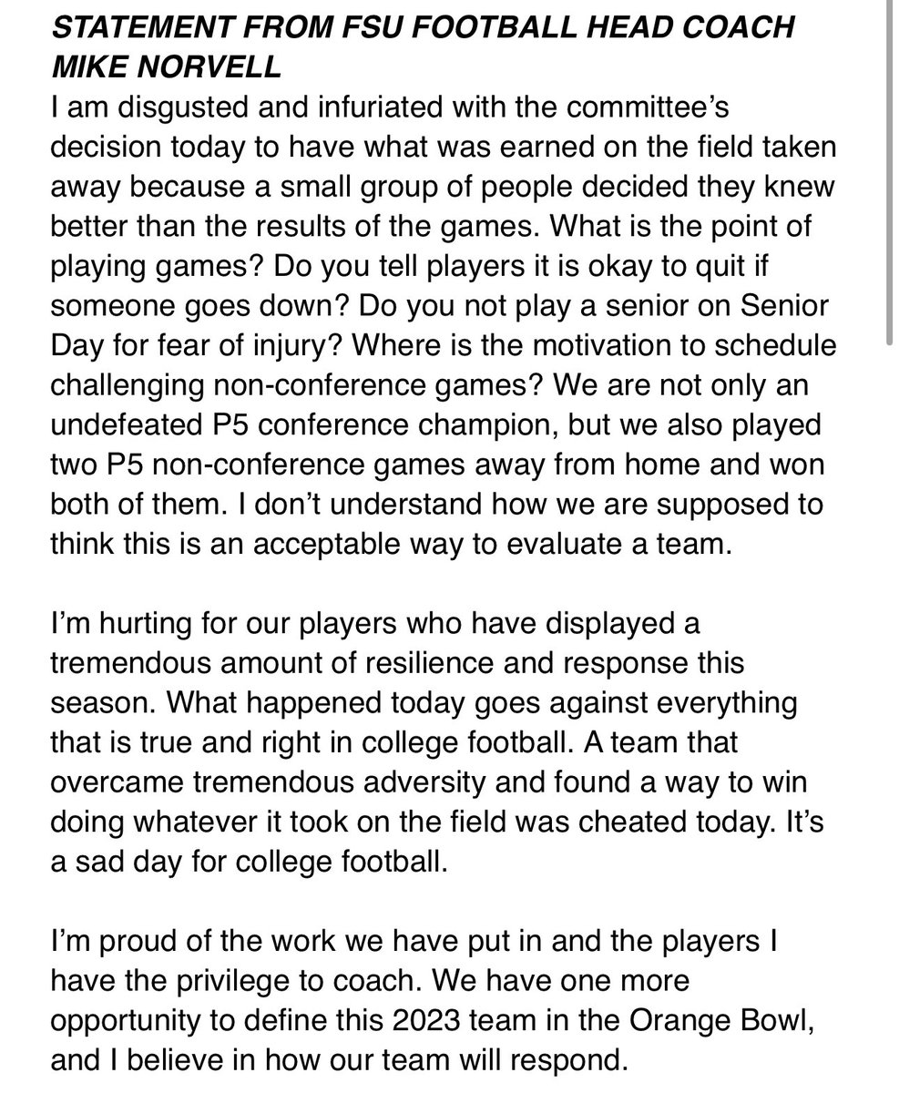 Mike Norvell statement on historic snub of his team today. More coming to https://t.co/G0YxGVEcRX: 