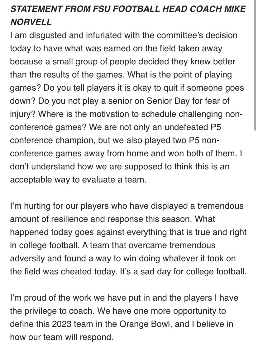 'Disgusted', 'infuriated'

Florida State head coach Mike Norvell releases statement following FSU being left out of CFP 