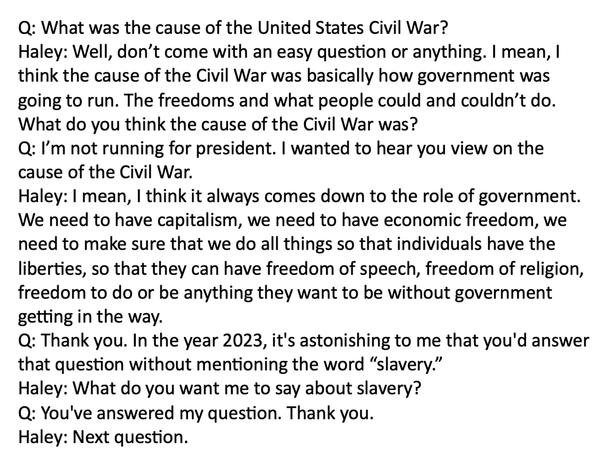 "What do you want me to say about slavery?" should be the end of Nikki Haley's political career. 