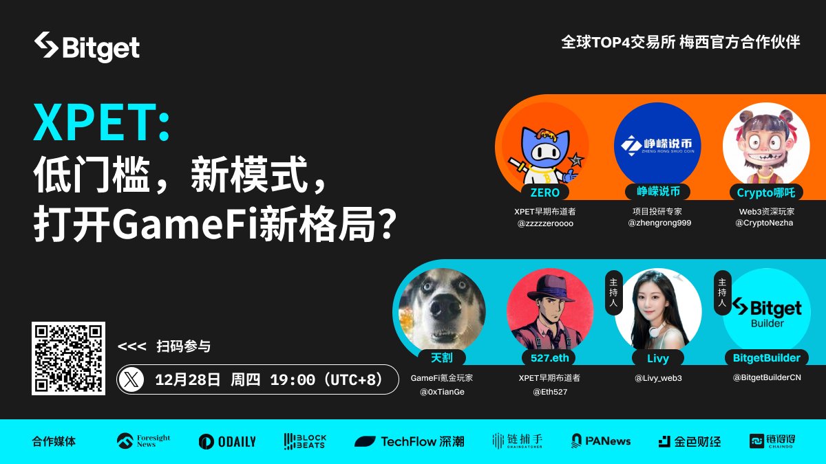 📢说来就来！今晚八点来碰一碰 #XPET ！
低门槛，新模式，#XPET 如何打开GameFi新格局❓

🎙️主持人：@Livy_web3 @BitgetBuilderCN
🧑‍🏫特邀嘉宾：@zzzzzeroooo @zhengrong999 @CryptoNezha @0xTianGe @Eth527 
✅立即订阅：https://t.co/FcnRPS3v98 