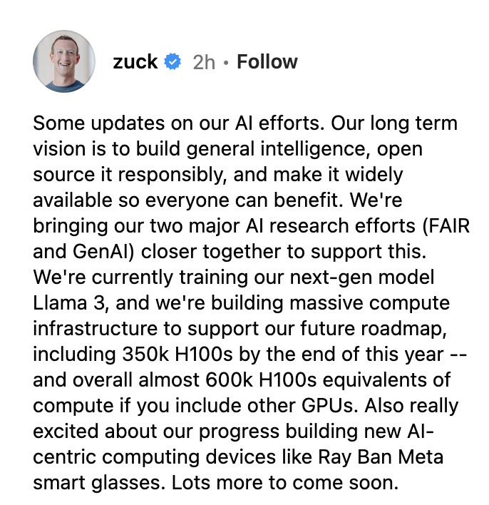 Can finally talk some GPU numbers publicly 🙃
By the end of the year, Meta will have 600k H100-equivalent GPUs.
Feel free to guess what's already deployed and being used 😉! 