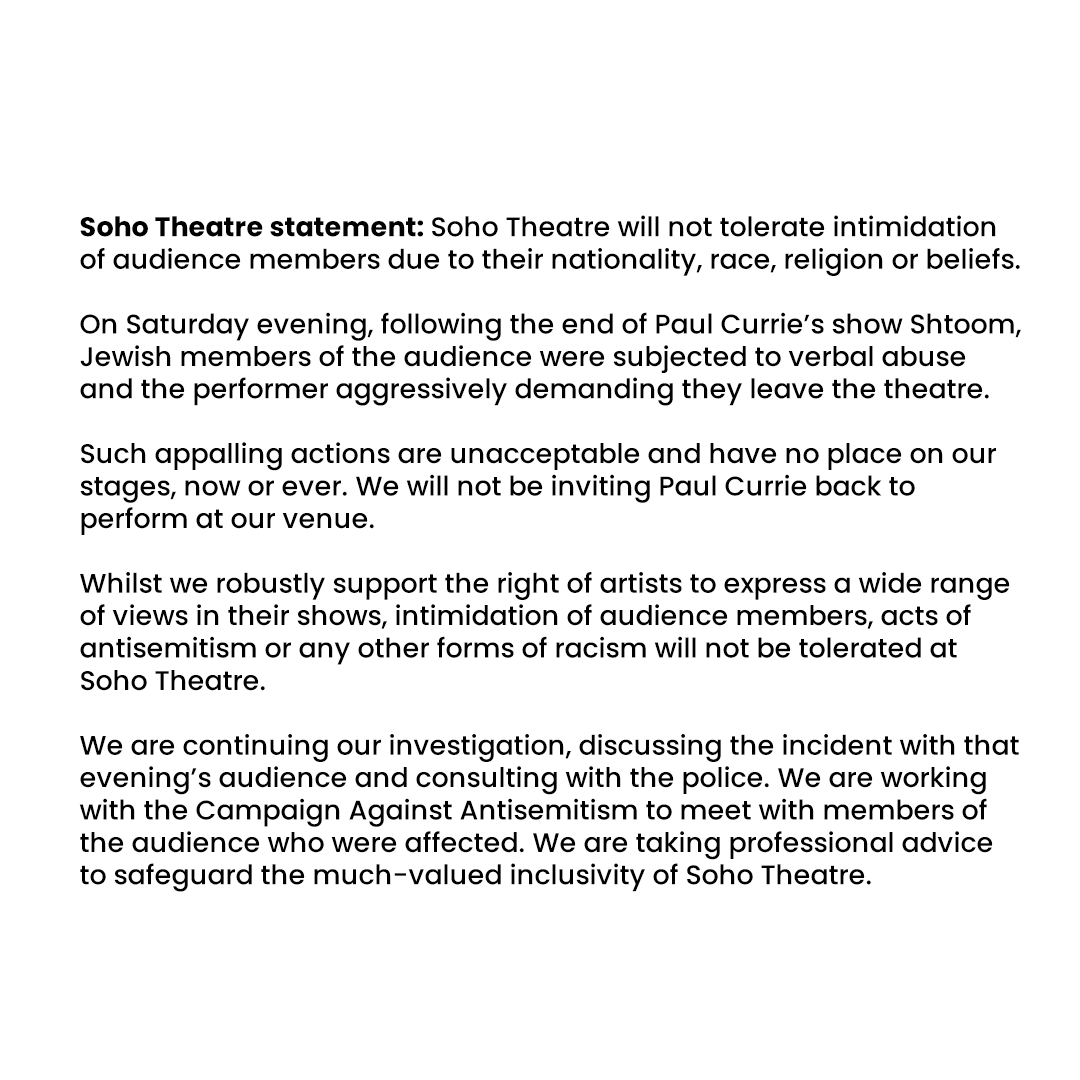 Soho Theatre statement 13 February 2024 