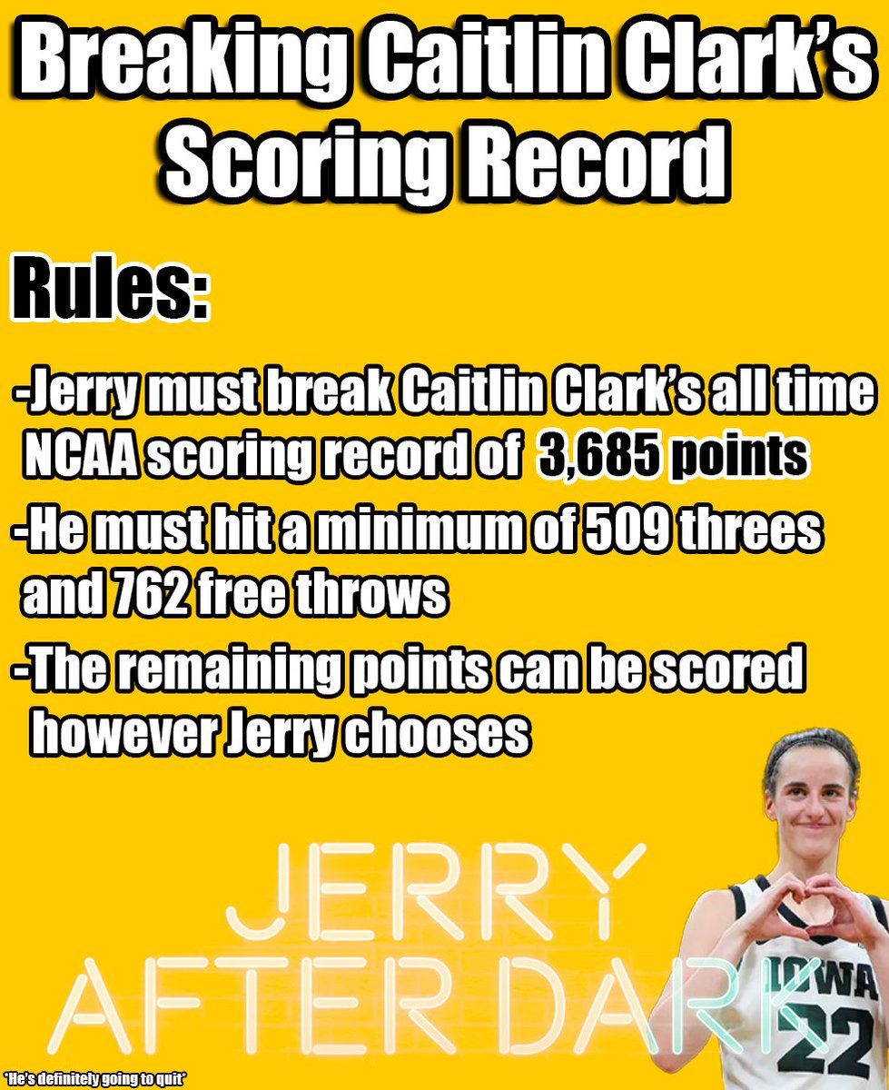 TONIGHT ON JERRY AFTER DARK: 

Jerry will attempt to break Caitlin Clark’s scoring record. 