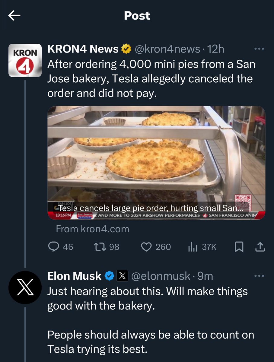 Tesla CEO is just now hearing of a Tesla Employee’s flippant ordering with a business in San Jose, the Fremont Tesla Factor being close. 

Tesla has a good reputation with local businesses &amp; hired contractors etc

Elon is fixing one bad apple’s mistake &amp; making good with the 