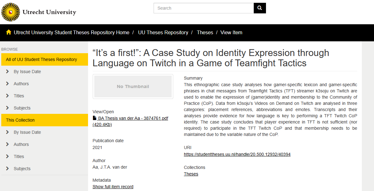 Someone literally wrote a 20+ page thesis on @k3soju and the TFT accent for their university BA degree 😭😭

“It’s a first!”: A Case Study on Identity Expression  through Language on Twitch in a Game of Teamfight  Tactics

Reading this on stream today 