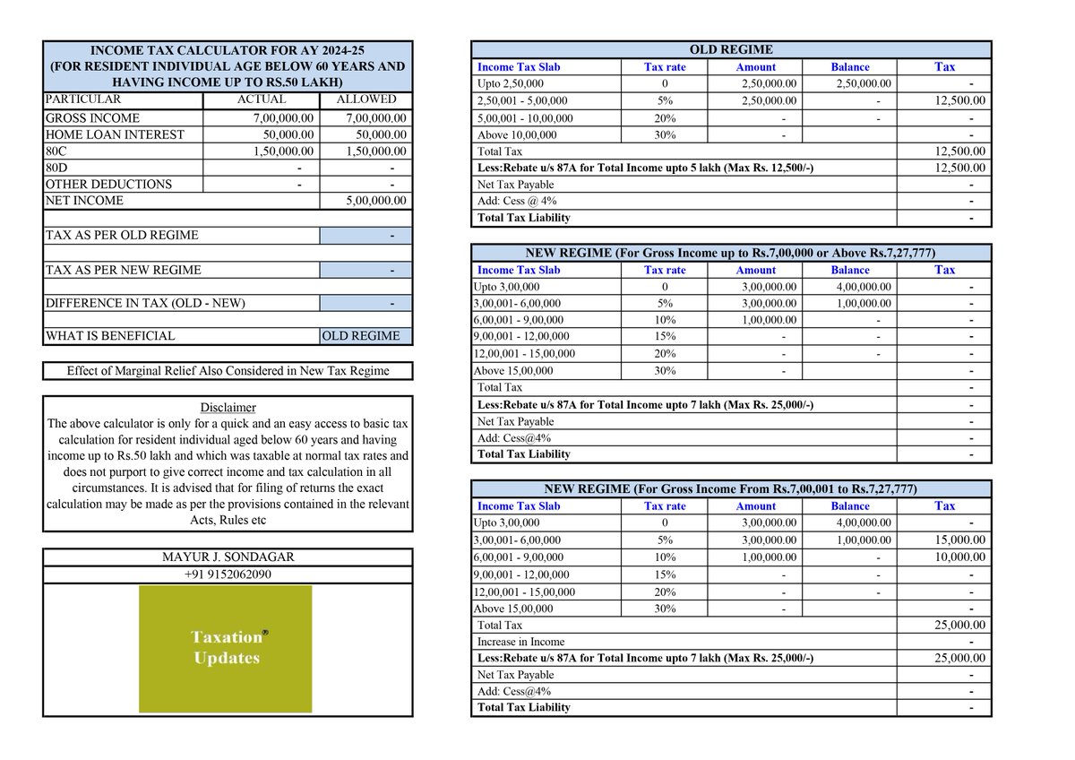 INCOME TAX CALCULATOR FOR AY 2024-25
(FOR RESIDENT INDIVIDUAL AGE BELOW 60 YEARS AND HAVING INCOME UP TO RS.50 LAKH  AND WHICH WAS TAXABLE AS PER NORMAL SLAB RATES)

Enter Actual Amount of Income and Deductions and it gives you Calculation of Tax Amount as per Old Regime and New 