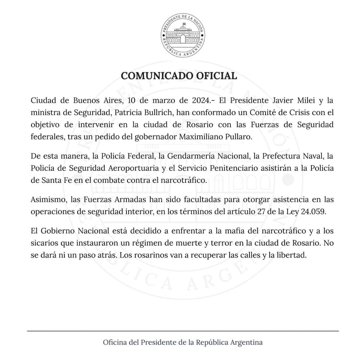 El presidente @JMilei me asignó la responsabilidad de dar asistencia operativa junto a las Fuerzas Armadas en Rosario. Por eso, mañana voy a estar en esa ciudad para comunicar las acciones a emprender.

Que quede claro: no vamos a dejar que los rosarinos queden a merced de los 