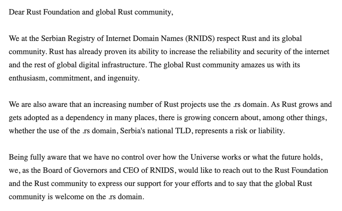 We got an email from the Serbian Registry of Internet Domain Names (RNIDS), the organisation that is responsible for the `.rs` top-level domain.

Looks like they are a big fan of Rust. 😊 