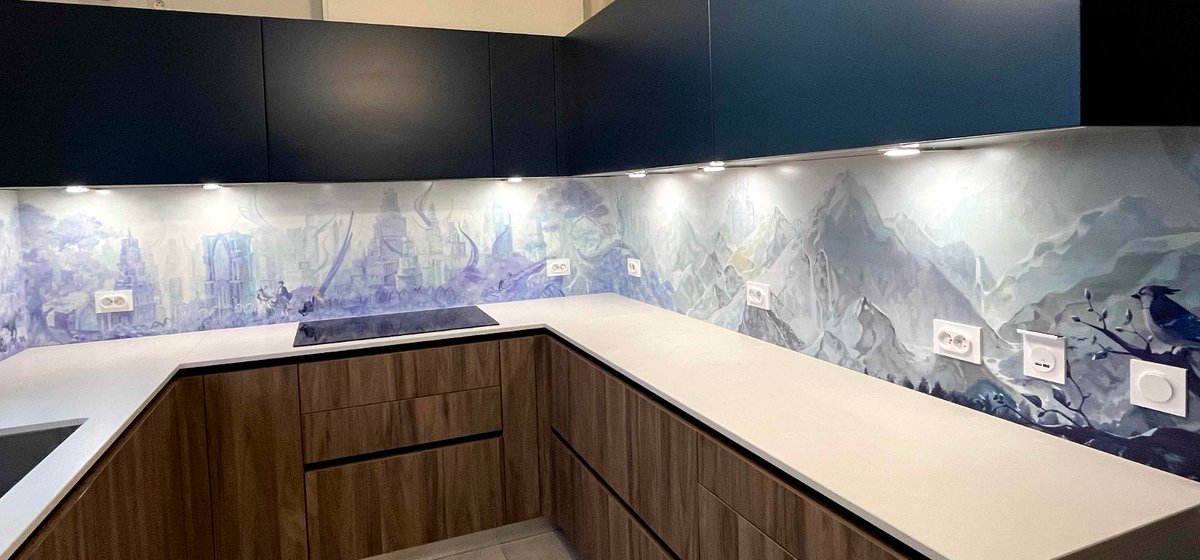 I've been asked by my parents to draw a fresque for their kitchen, and was given complete freedom... so I drew a FFXIV inspired with some BG3 elements inside 🥹 I could even include some of my OCs, my FC's WoL and Scratch. It was really a cool project, I'm so happy of the outcome 