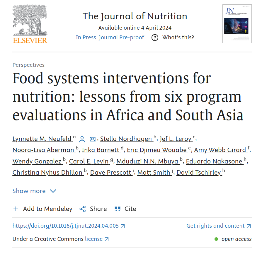🆕🗞️Food systems interventions for #nutrition: lessons from six program evaluations in #Africa and #SouthAsia.

📝By Jef L. Leroy and colleagues.

🖱️https://t.co/aXvfp2aRsG

@CGIAR @IFPRI_Africa @IFPRISAO #FoodSystems 