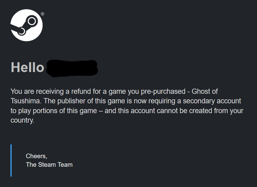 Steam is now refunding Ghost of Tsushima for people in affected countries. 