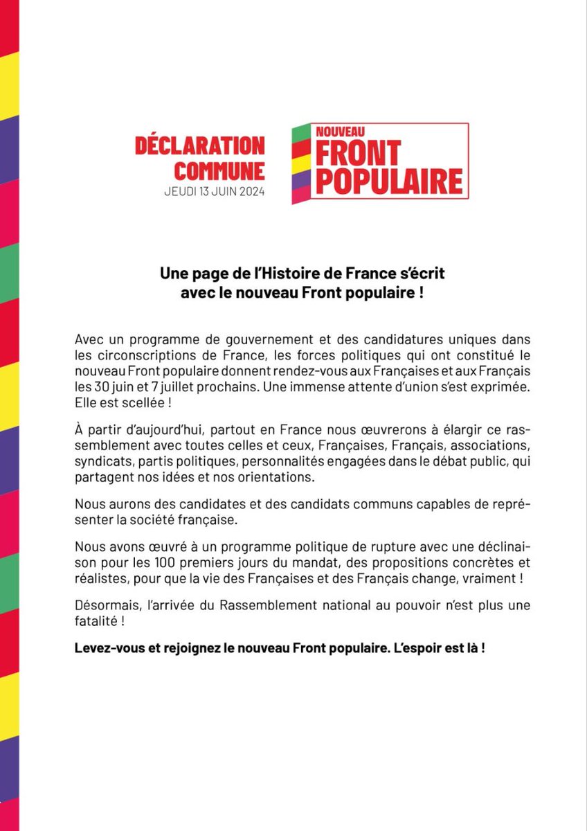 🔴 URGENT -  Communiqué : Une page de l'Histoire de France s'écrit avec le Nouveau Front Populaire !

#NouveauFrontPopulaire 