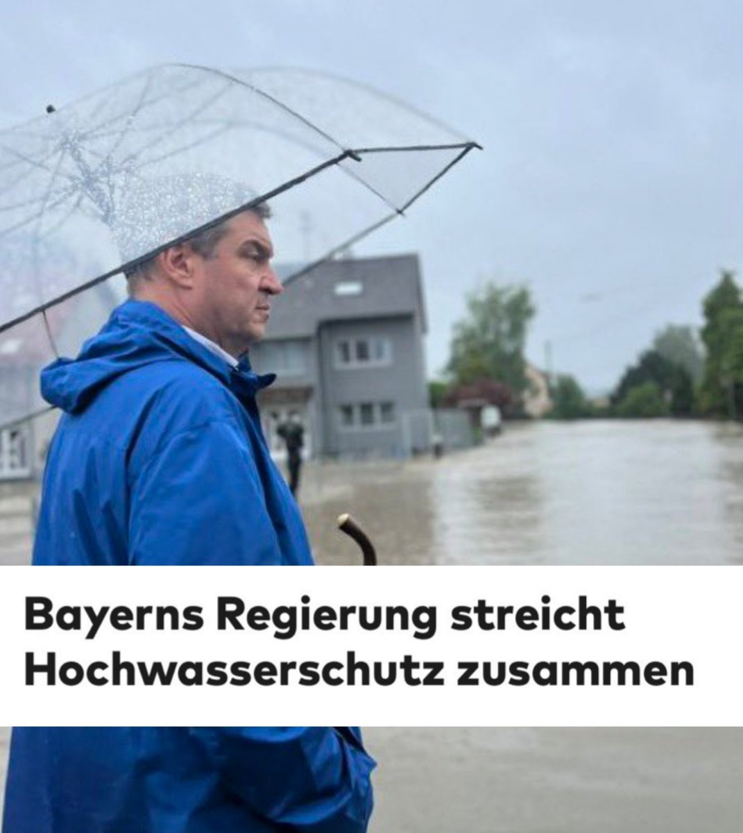 Kaum war @Markus_Soeder Ministerpräsident von Bayern, streichte seine Regierung Ende 2018 die Mittel für den Hochwasserschutz zusammen.

Anlagen, die Gebiete schützen sollten, die bereits vom Hochwasser 2013 betroffen waren und auch heute wieder sind, wurden nie realisiert. 