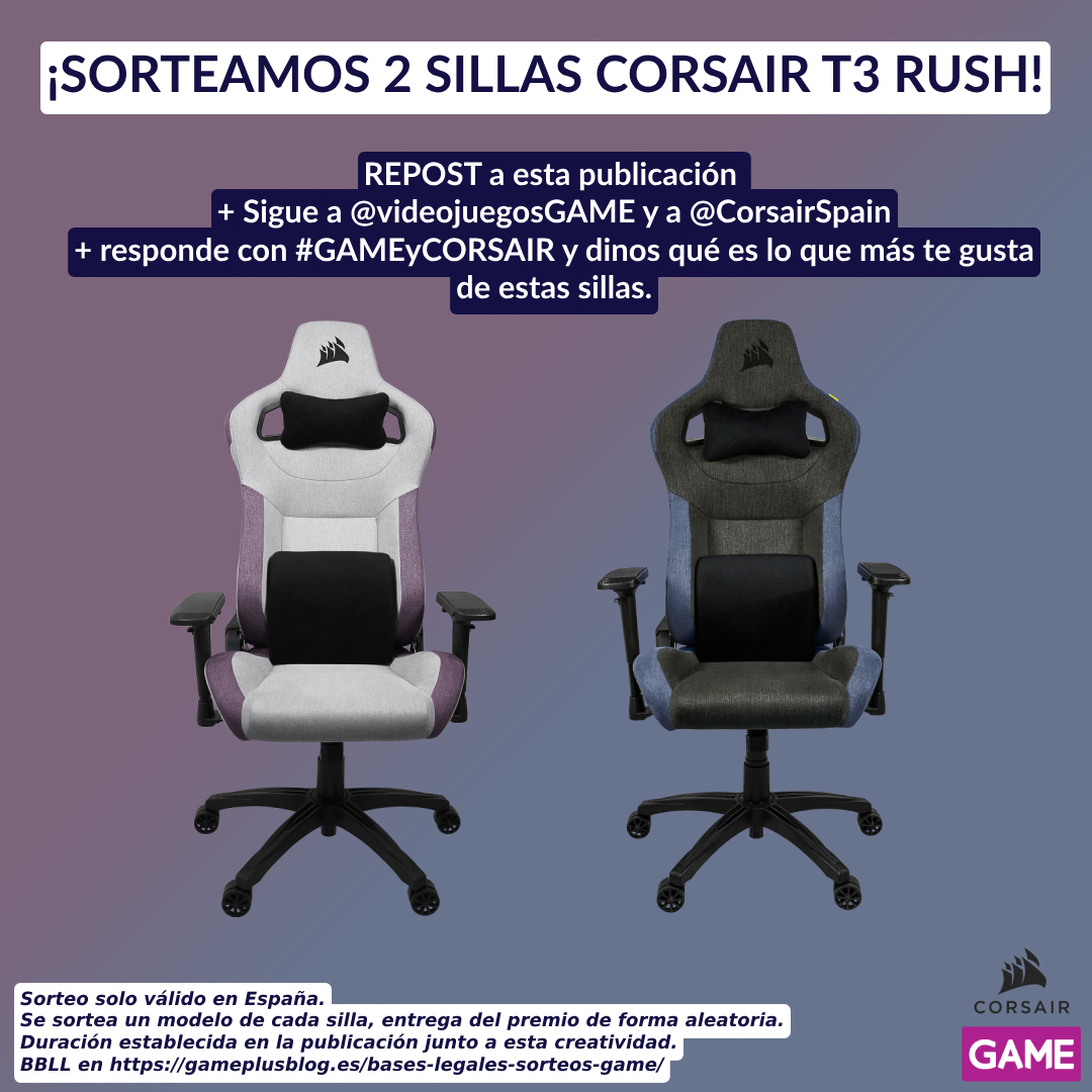 💺 ¡Sorteamos 2 sillas CORSAIR T3 RUSH! 💺

🔁 Haz REPOST.
👥 Sigue a @videojuegosGAME y a @CorsairSpain
💬 Responde con #GAMEyCORSAIR y dinos qué es lo que más te gusta de estas sillas.
⏱ Hasta el 30 de junio a las 23:59.

Consíguelas solo en GAME ➡ https://t.co/jvRoFGtTD4 