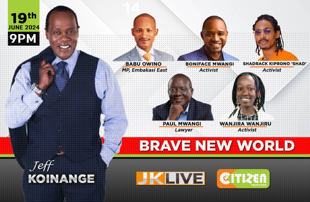 If it's Wednesday you know it's #JKLive @citizentvkenya from 9pm.....Taaanite, it's a Brace New World.....Gen Zs are taking over and they're taking NO prisoners...from Babu to Boniface to Wanjira to Kiprono, this is a show you DO NOT want to miss.....Spread THE WORD! @PSdxb 