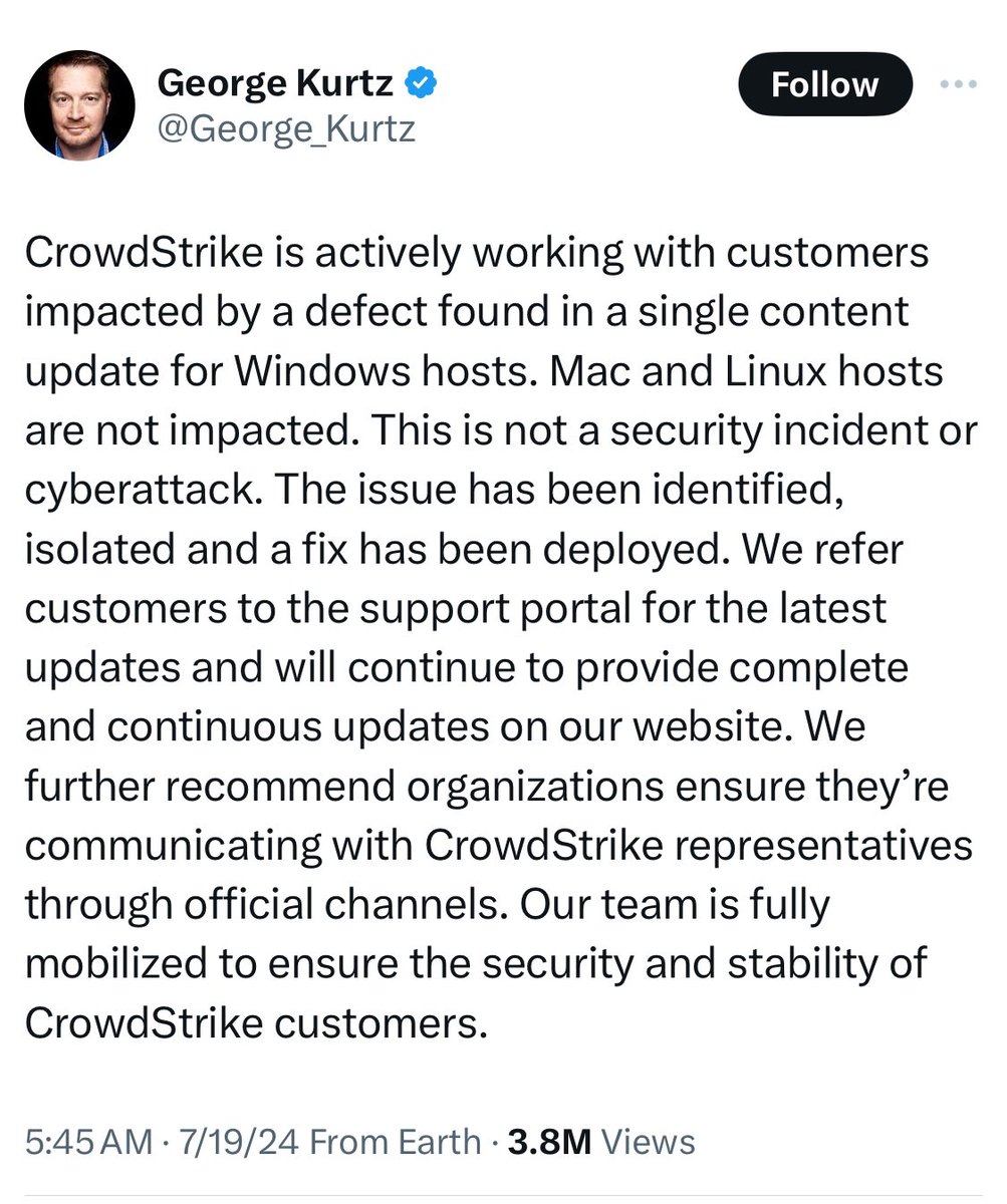 CrowdStrike CEO is getting pummeled for his response to the global outage.

Why everyone hates it:

1) WEAPONS-GRADE CORPO SPEAK

Let’s be clear. Legalese doublespeak is designed to dodge and obfuscate rather than inform or communicate. This statement was obviously written by a 