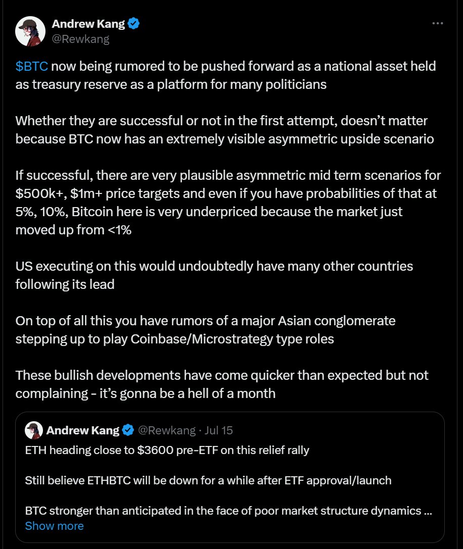 Same guy who was calling for goblintown two weeks ago (when price was $53k), is now calling for $500k-$1mil on the same asset. 