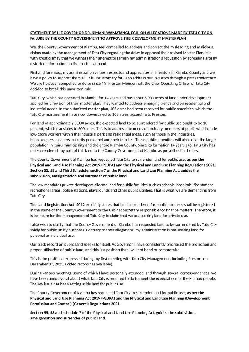 My statement on the unfounded and defamatory allegations by Tatu City 